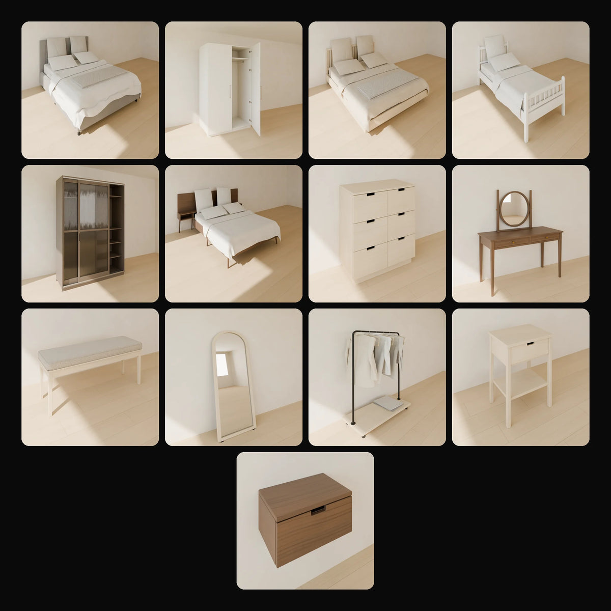 Beds & Bedroom Storage Kit: studio renders of the 13 included assets