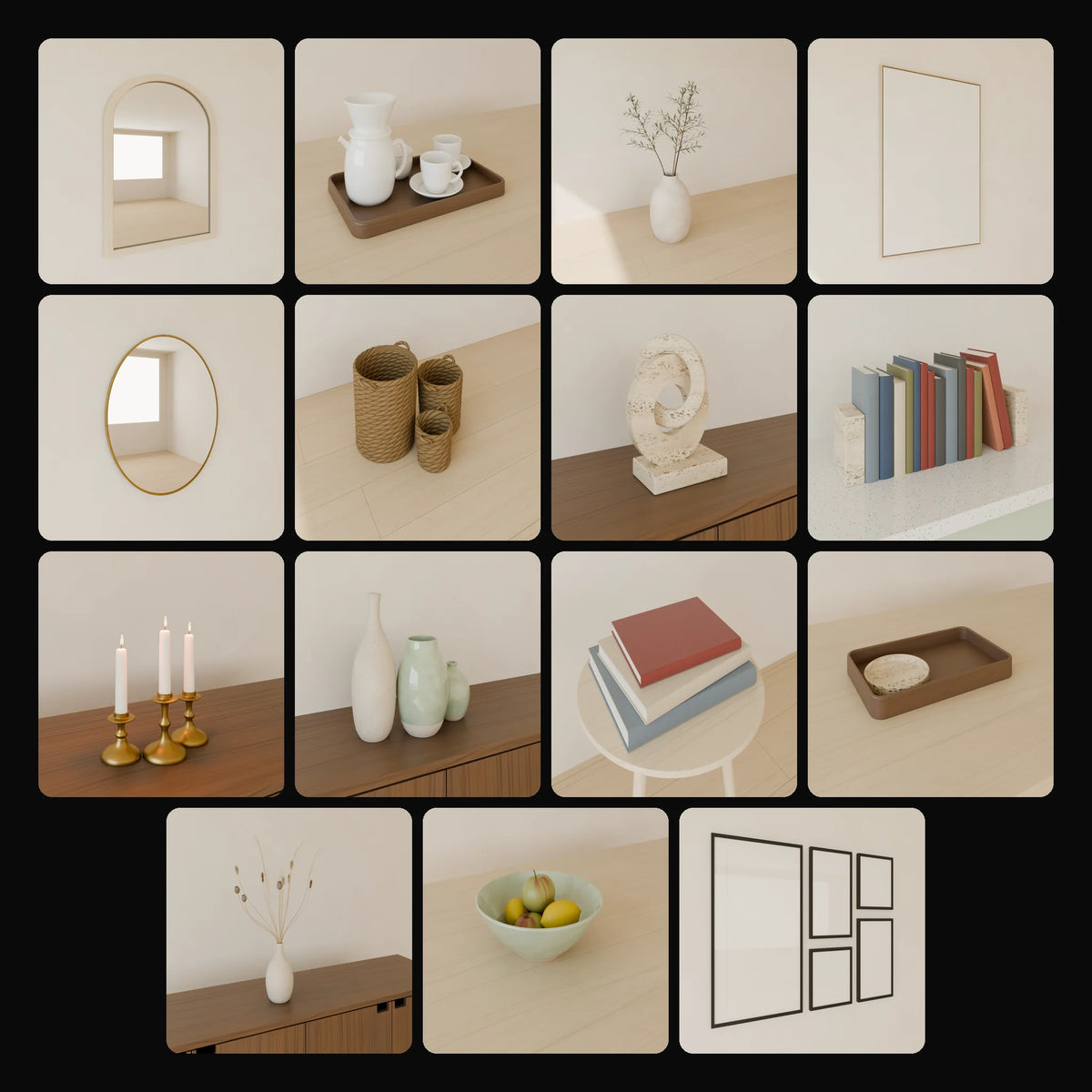 Decor & Accessories Kit: studio renders of the 15 included assets