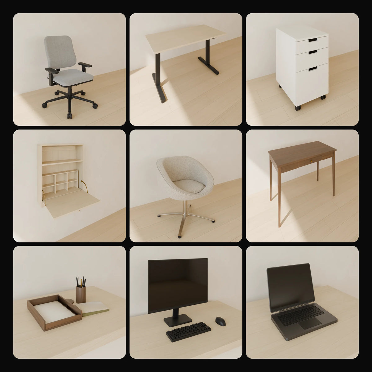 Home Office Kit: studio renders of the 9 included assets