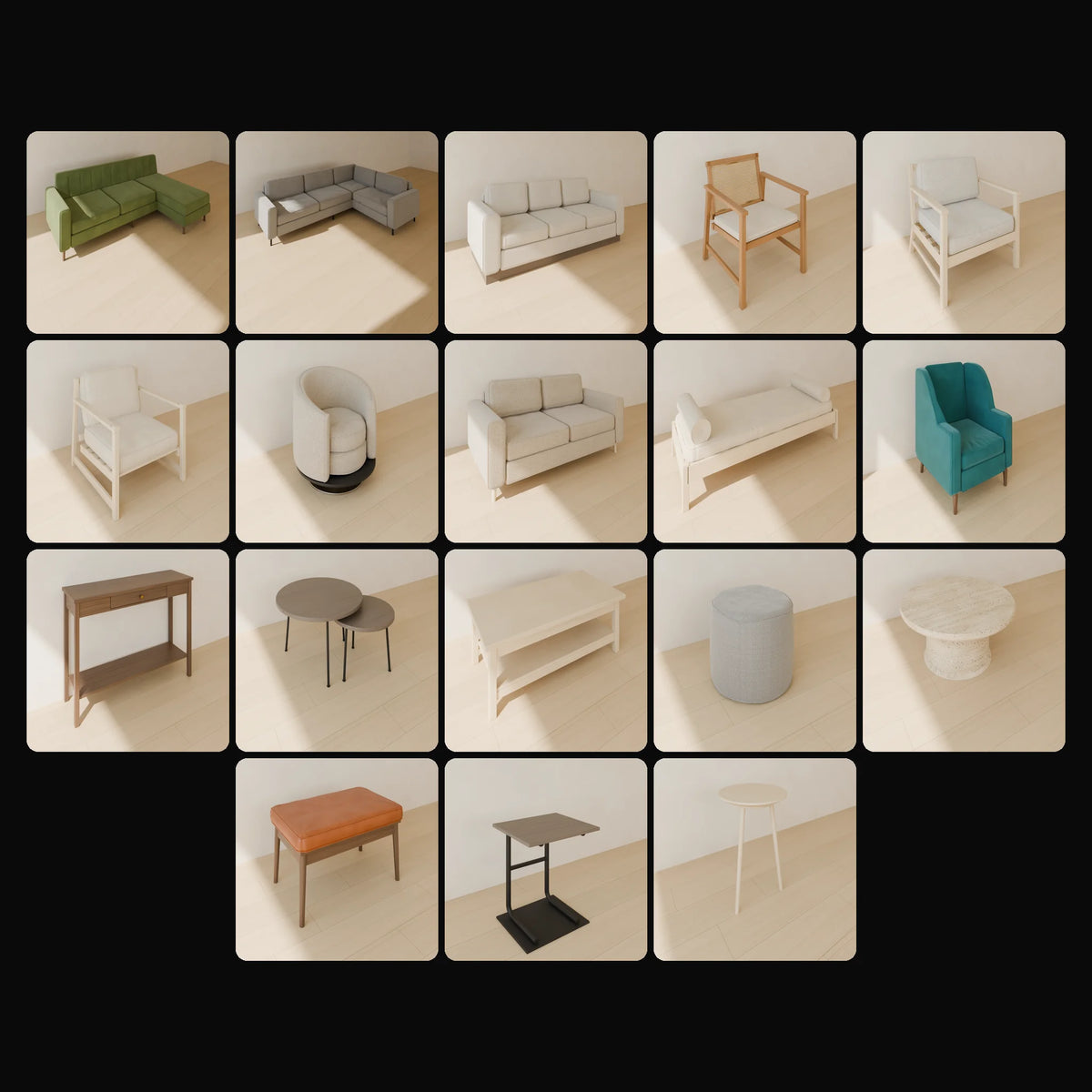 Sofas, Lounge Seating & Living Tables Kit: studio renders of the 18 included assets