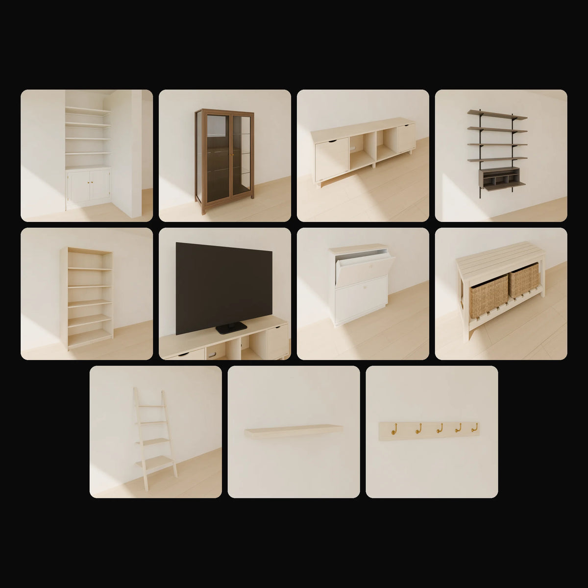 Storage & Shelving Kit: studio renders of the 11 included assets