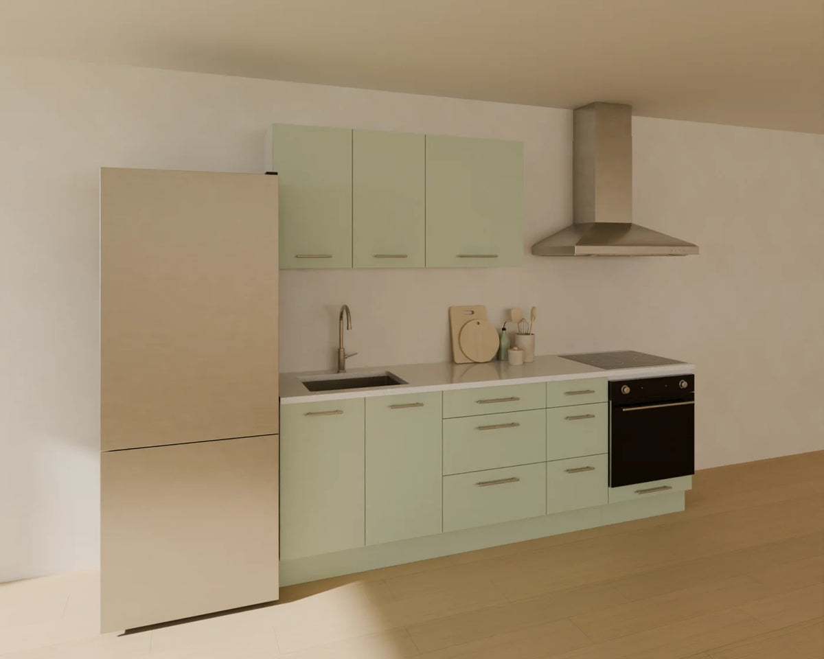 Kitchen Counter Accessories styled in a Linden House room with the freestanding fridge-freezer, sink base cabinet, base drawer cabinet, oven housing base cabinet, built-in oven, induction hob, worktop run, undermount sink, kitchen mixer tap, wall cabinet and chimney range hood (sold separately)