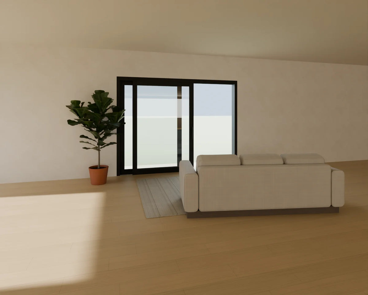 Lift-and-Slide Patio Door styled in a Linden House room with the three-seat sofa, flatweave wool rug and fiddle-leaf fig in planter (sold separately)