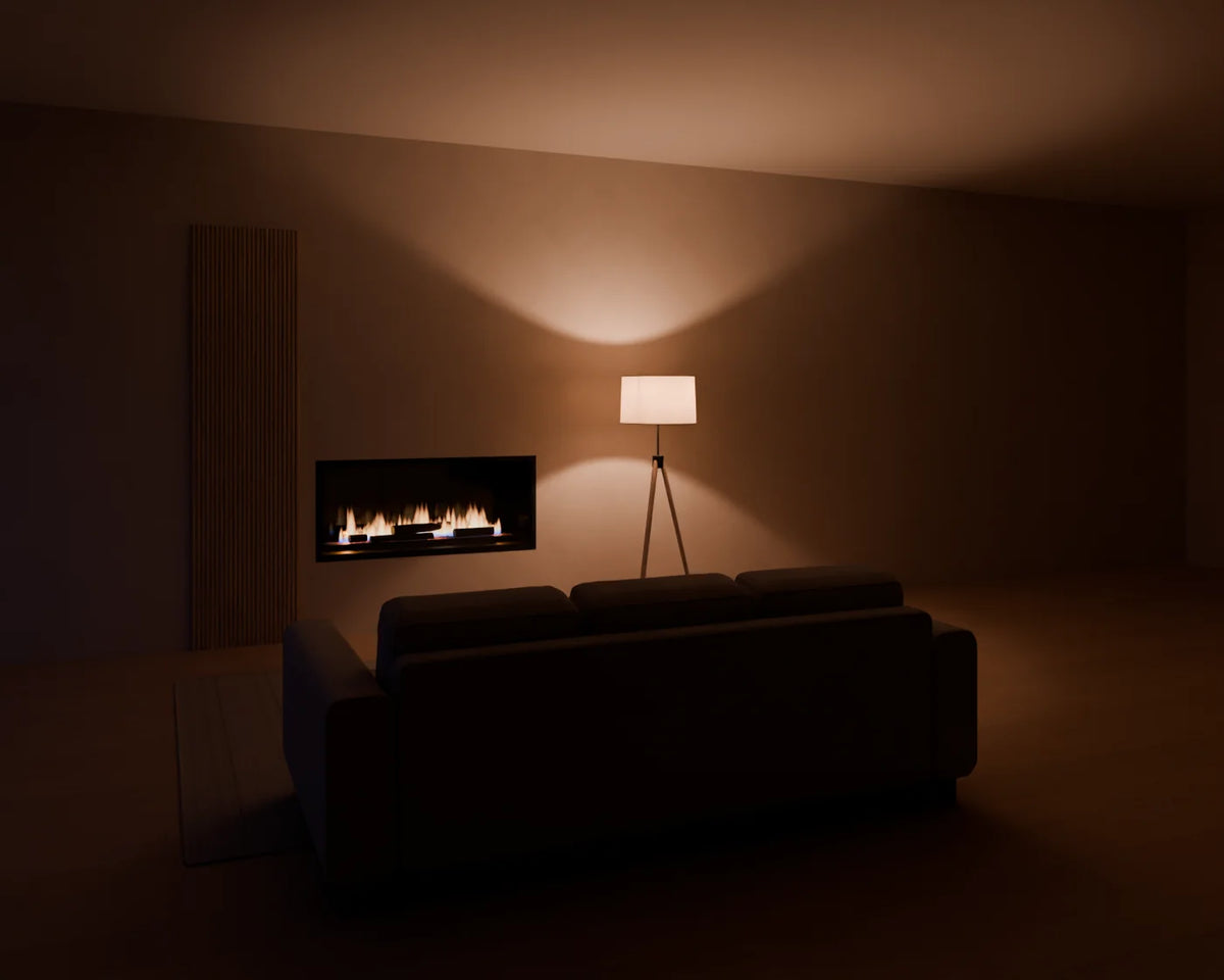 Linear Gas Fireplace styled in a Linden House room with the three-seat sofa, flatweave wool rug, fluted timber wall panel and tripod floor lamp (sold separately)