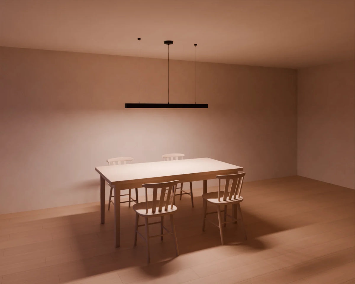 Linear Pendant styled in a Linden House room with the rectangular dining table and wood dining chair (sold separately)