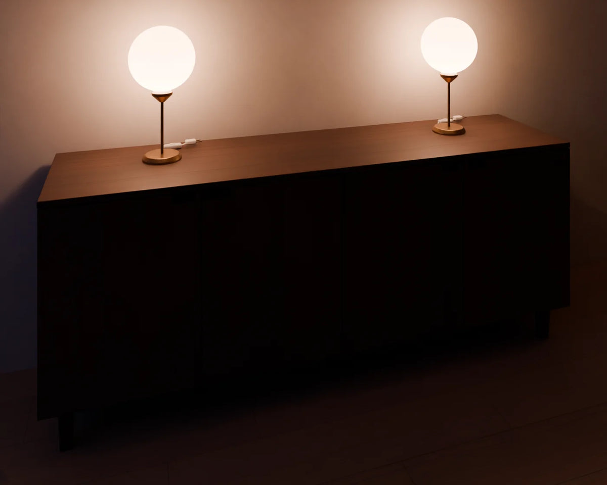 Opal Globe Table Lamp styled in a Linden House room with the sideboard (sold separately)