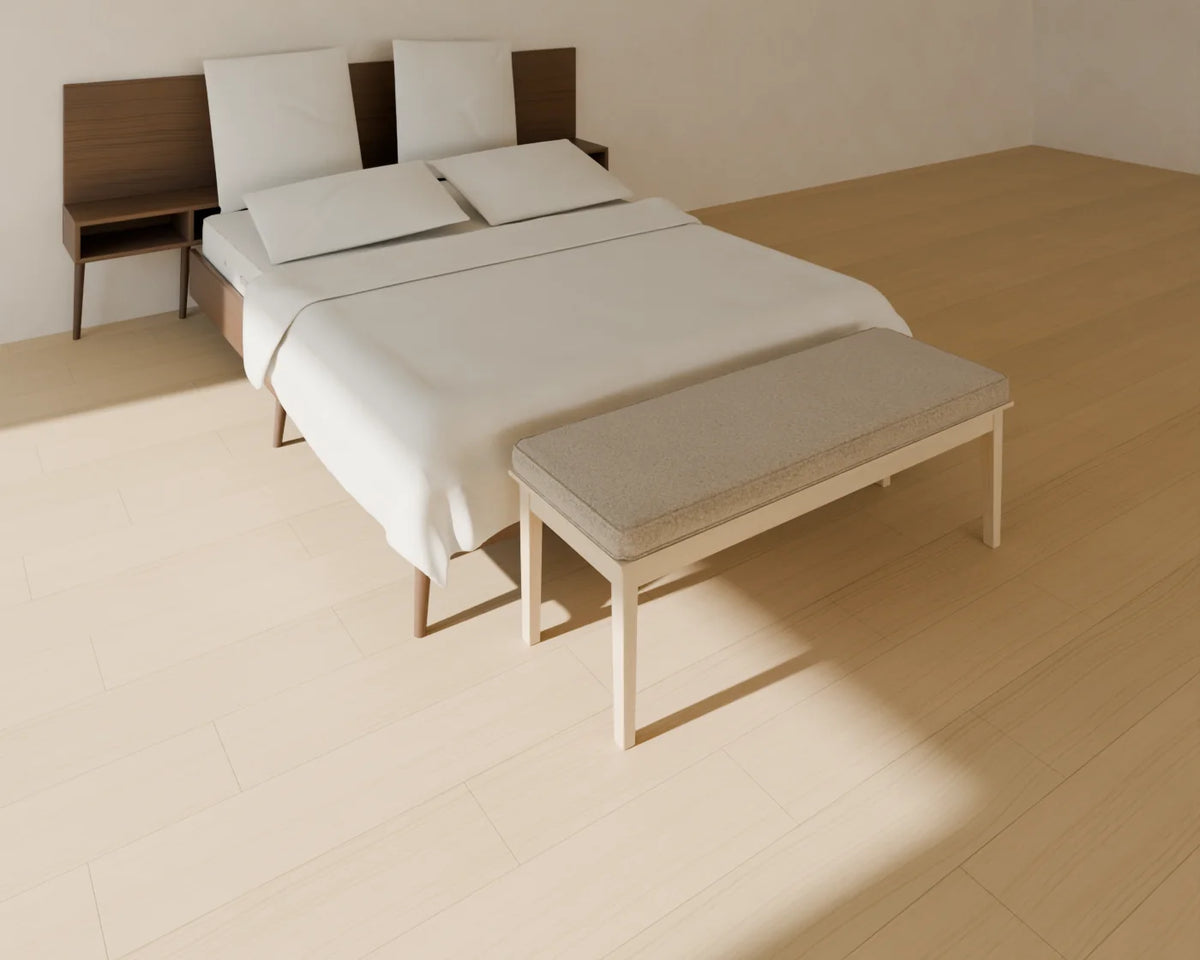 Walnut Panel Bed styled in a Linden House room with the end-of-bed bench (sold separately)