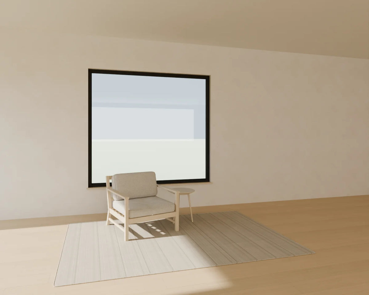 Fixed Picture Window styled in a Linden House room with the lounge armchair, round side table and flatweave wool rug (sold separately)