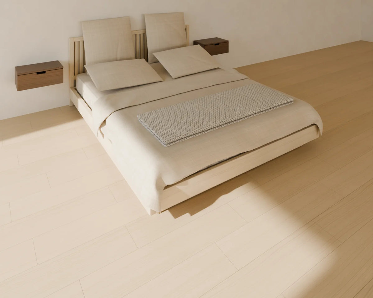 Oak Platform Bed styled in a Linden House room with the wall-hung bedside shelf (sold separately)