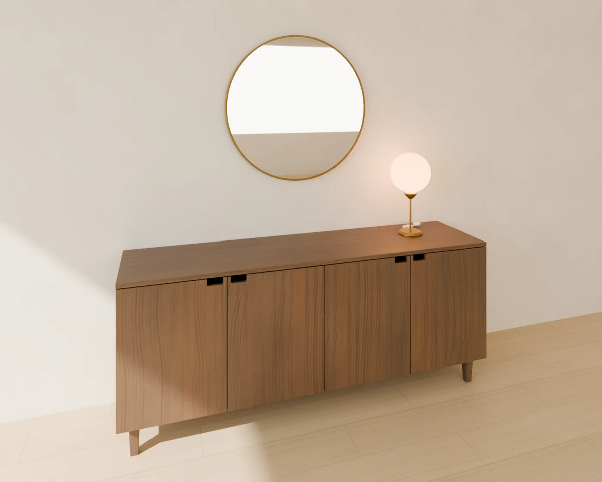 Round Wall Mirror styled in a Linden House room with the sideboard and opal globe table lamp (sold separately)
