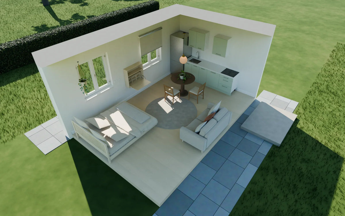 Compact Studio Apartment scene from Linden House, eye-level view (render of the delivered scene)