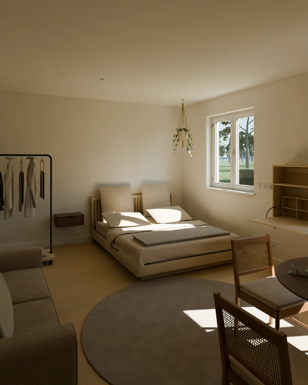 Compact Studio Apartment scene from Linden House, portrait view (render of the delivered scene)
