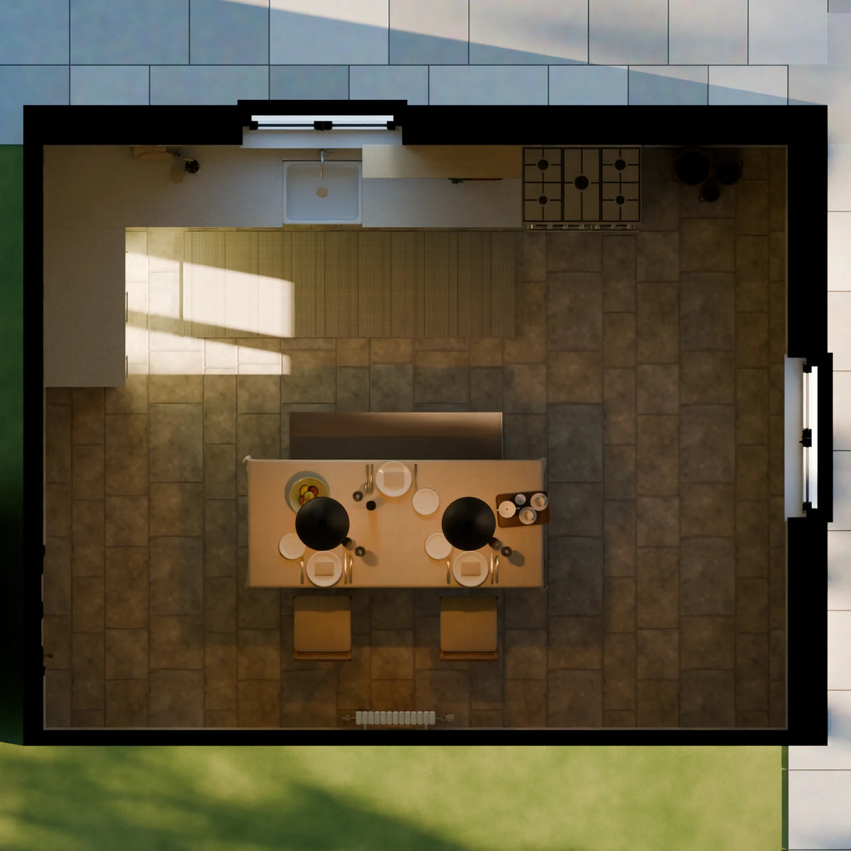Country Kitchen scene from Linden House, floor plan view (render of the delivered scene)
