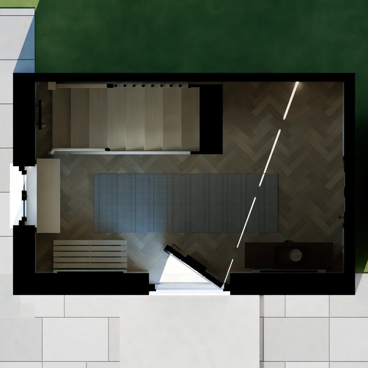 Entry Hall and Stair scene from Linden House, floor plan view (render of the delivered scene)