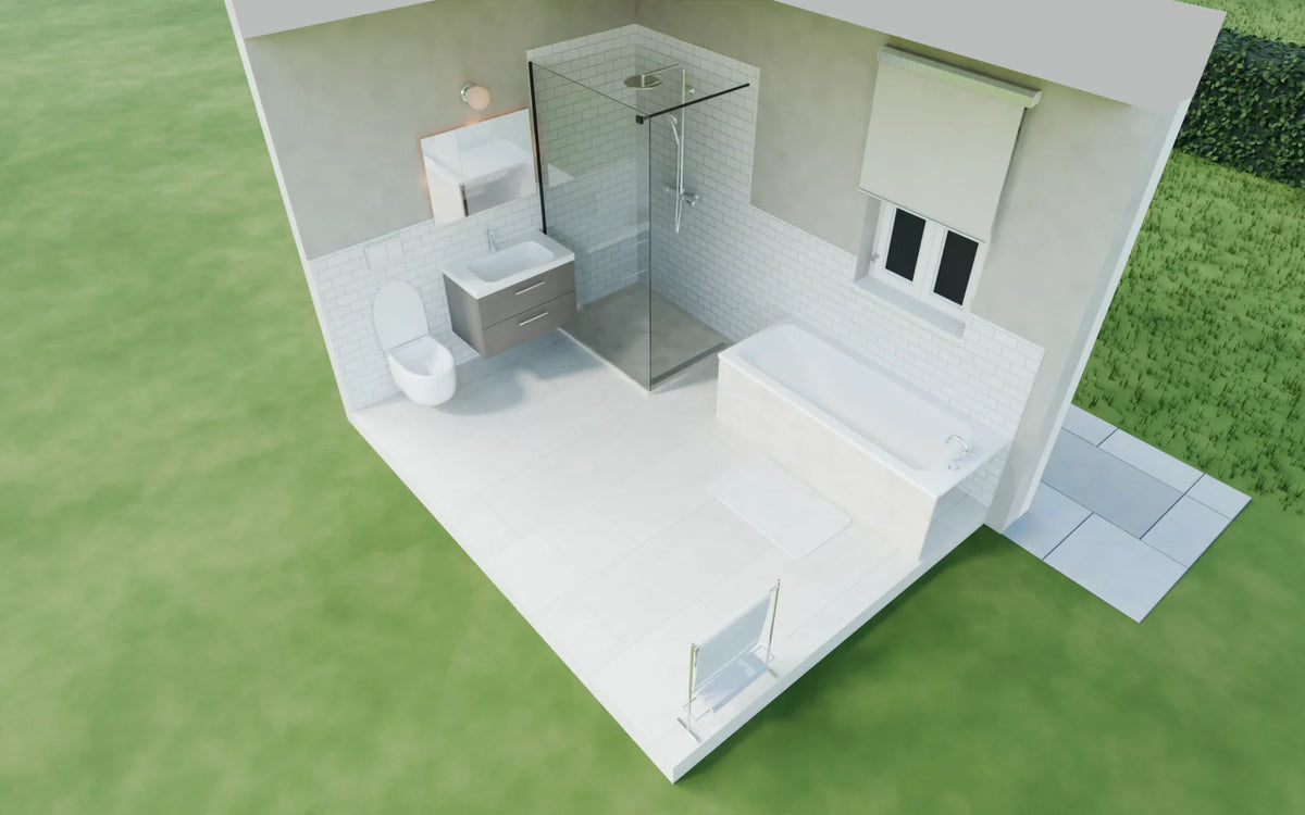 Family Bathroom scene from Linden House, eye-level view (render of the delivered scene)