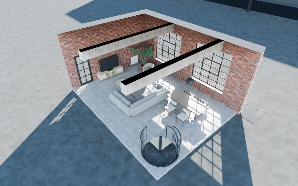 Industrial Loft scene from Linden House, eye-level view (render of the delivered scene)