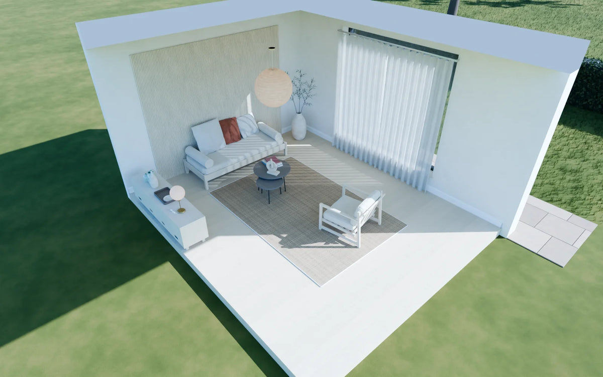 Japandi Living Room scene from Linden House, eye-level view (render of the delivered scene)