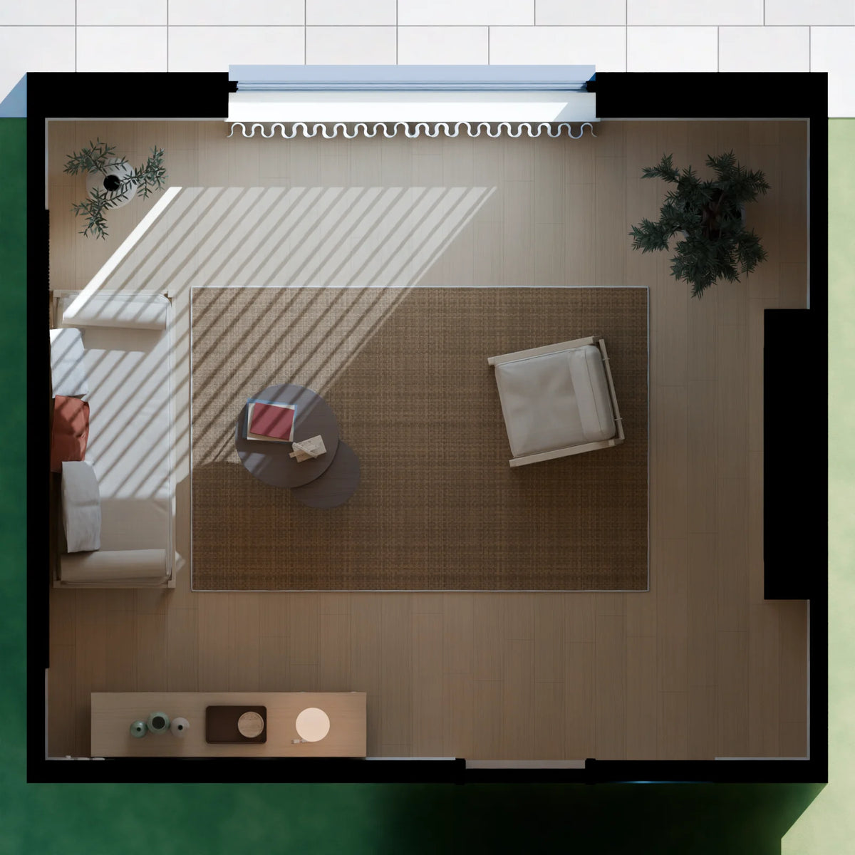 Japandi Living Room scene from Linden House, floor plan view (render of the delivered scene)