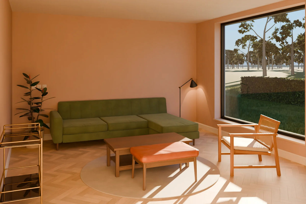Mid-Century Lounge scene from Linden House, wide view (render of the delivered scene)