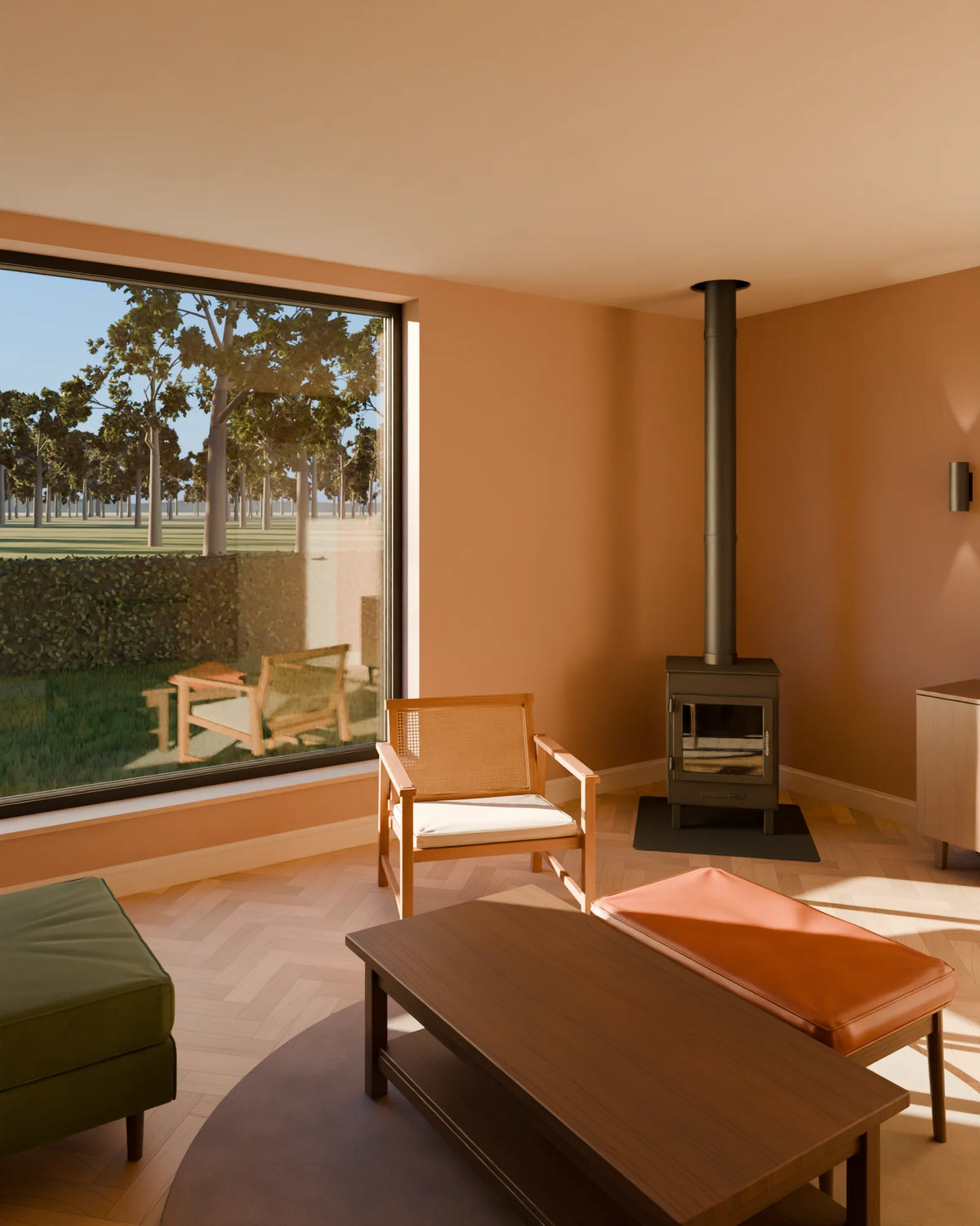 Mid-Century Lounge scene from Linden House, portrait view (render of the delivered scene)