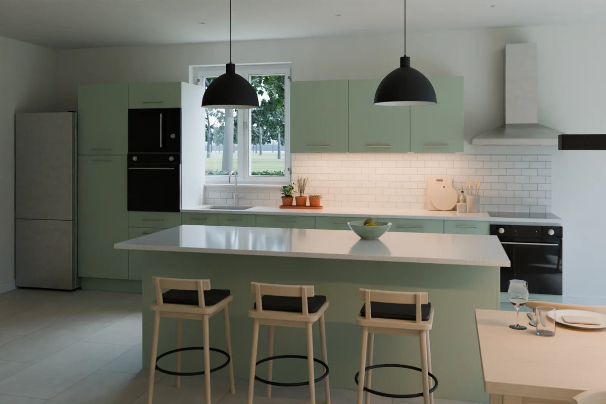 Open Kitchen and Dining scene from Linden House, wide view (render of the delivered scene)