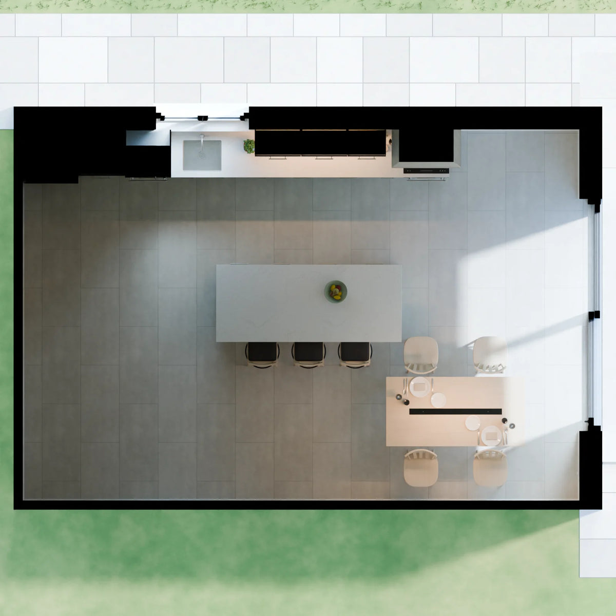 Open Kitchen and Dining scene from Linden House, floor plan view (render of the delivered scene)