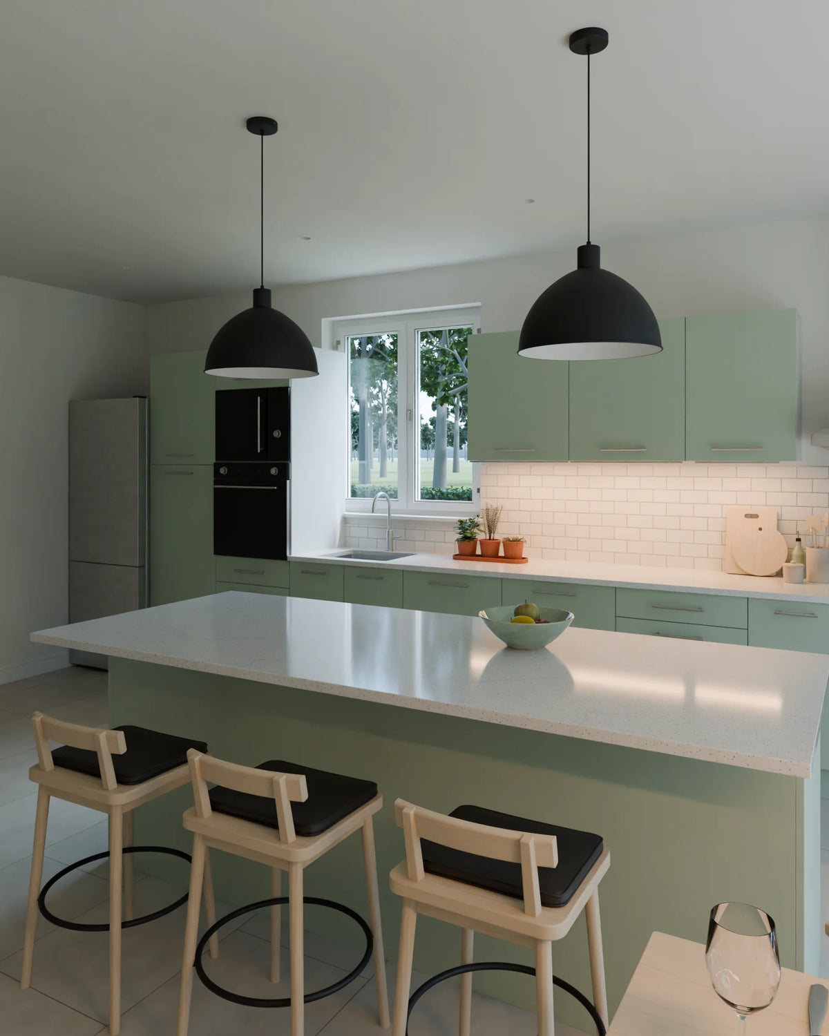 Open Kitchen and Dining scene from Linden House, portrait view (render of the delivered scene)
