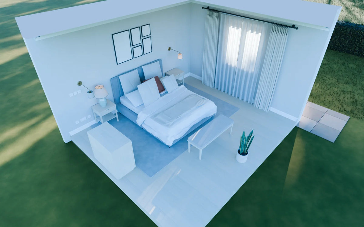 Primary Bedroom scene from Linden House, eye-level view (render of the delivered scene)