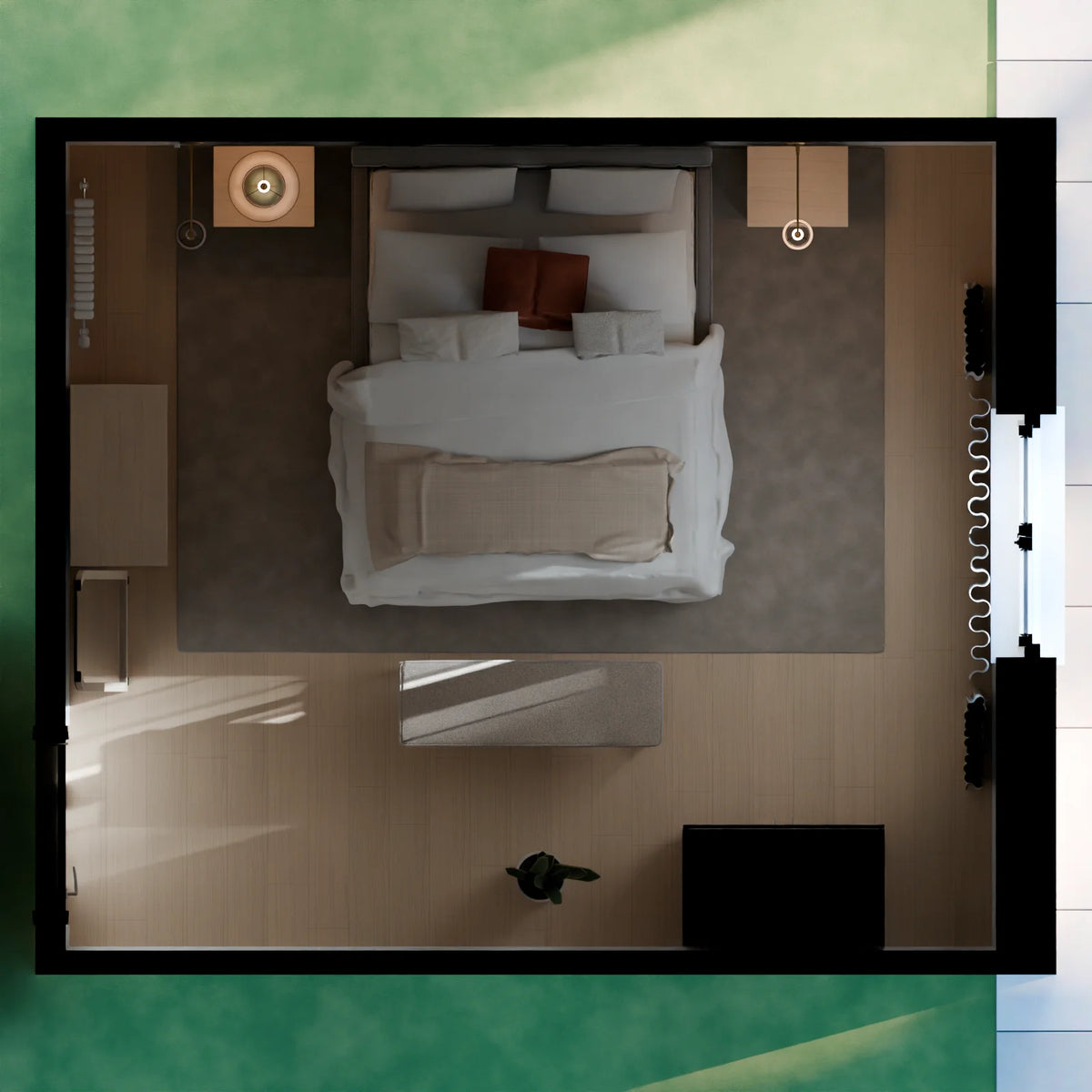 Primary Bedroom scene from Linden House, floor plan view (render of the delivered scene)
