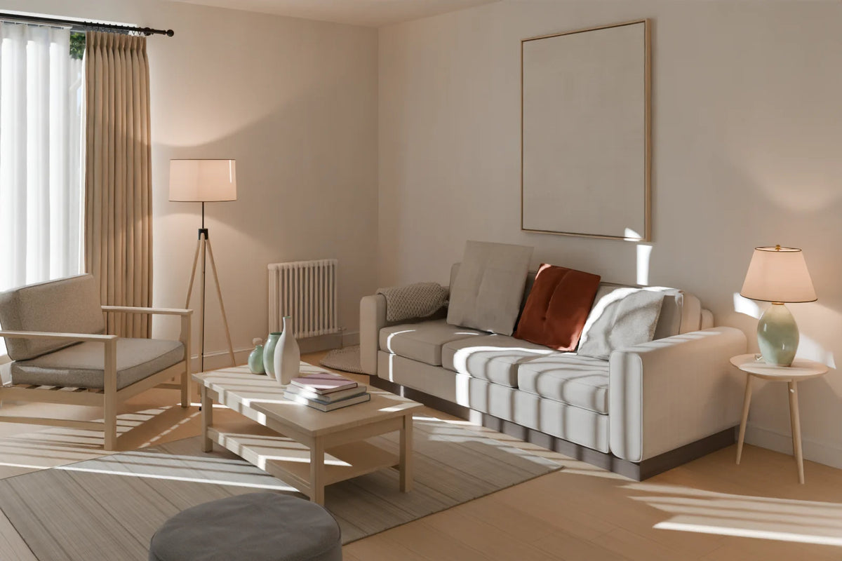 Scandinavian Living Room scene from Linden House, wide view (render of the delivered scene)