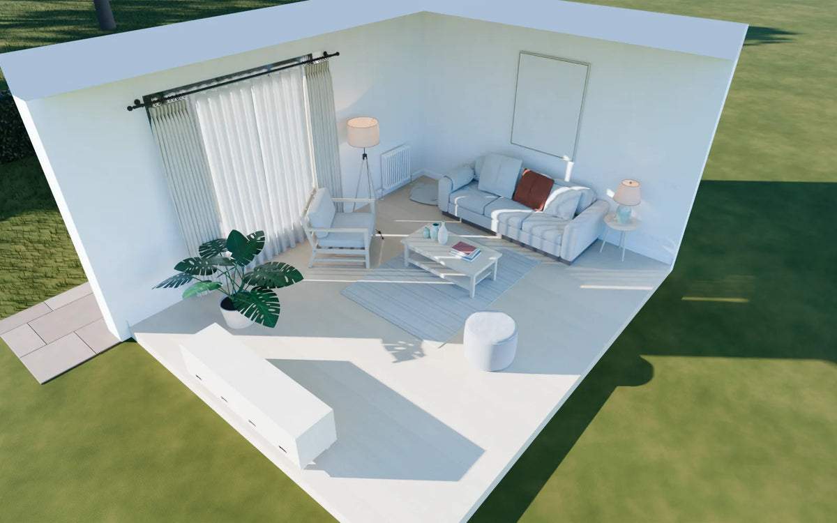 Scandinavian Living Room scene from Linden House, eye-level view (render of the delivered scene)