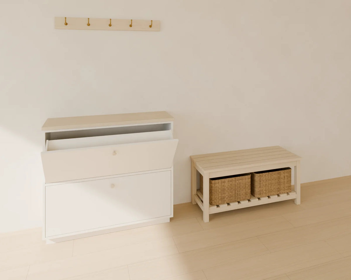 Hallway Shoe Cabinet styled in a Linden House room with the wall coat hooks and hallway storage bench (sold separately)