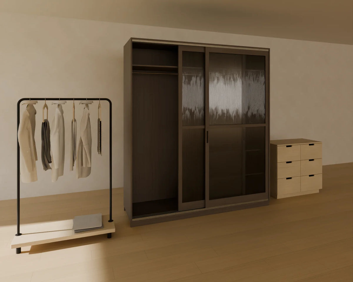 Sliding-Door Wardrobe styled in a Linden House room with the chest of drawers and open clothes rail (sold separately)