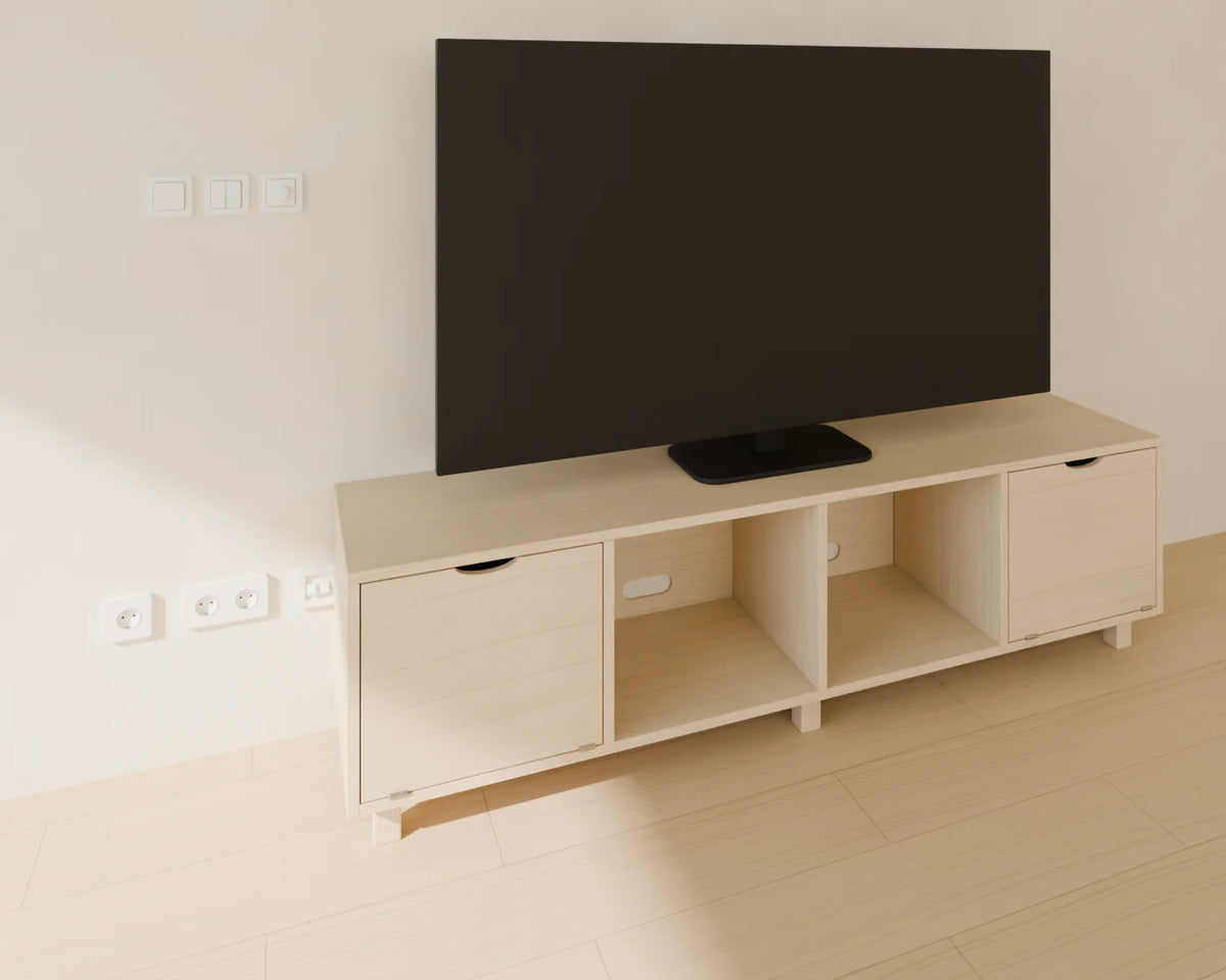 Sockets and Switches Set styled in a Linden House room with the low media unit and flat-screen tv (sold separately)