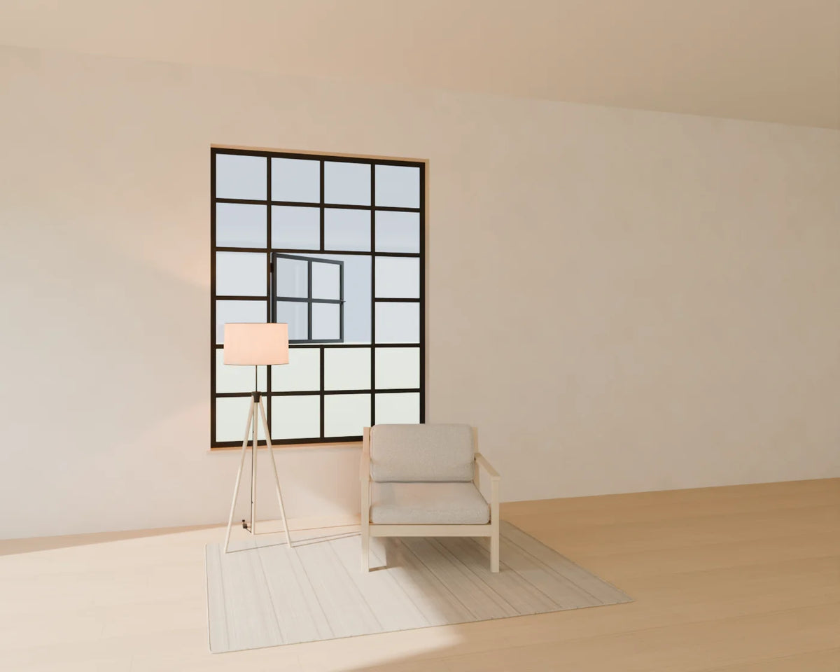 Steel Grid Window styled in a Linden House room with the lounge armchair, tripod floor lamp and flatweave wool rug (sold separately)