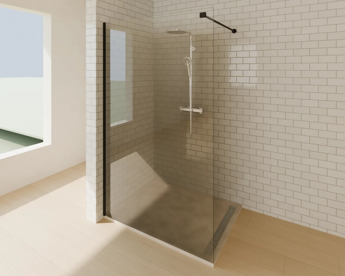 Thermostatic Shower Set styled in a Linden House room with the low-profile shower tray and walk-in shower screen (sold separately)