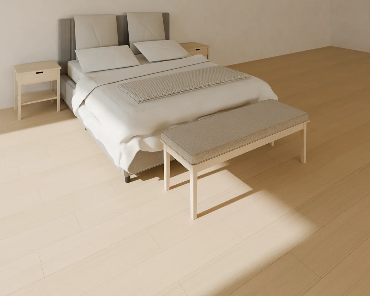 Upholstered Bed styled in a Linden House room with the bedside table and end-of-bed bench (sold separately)