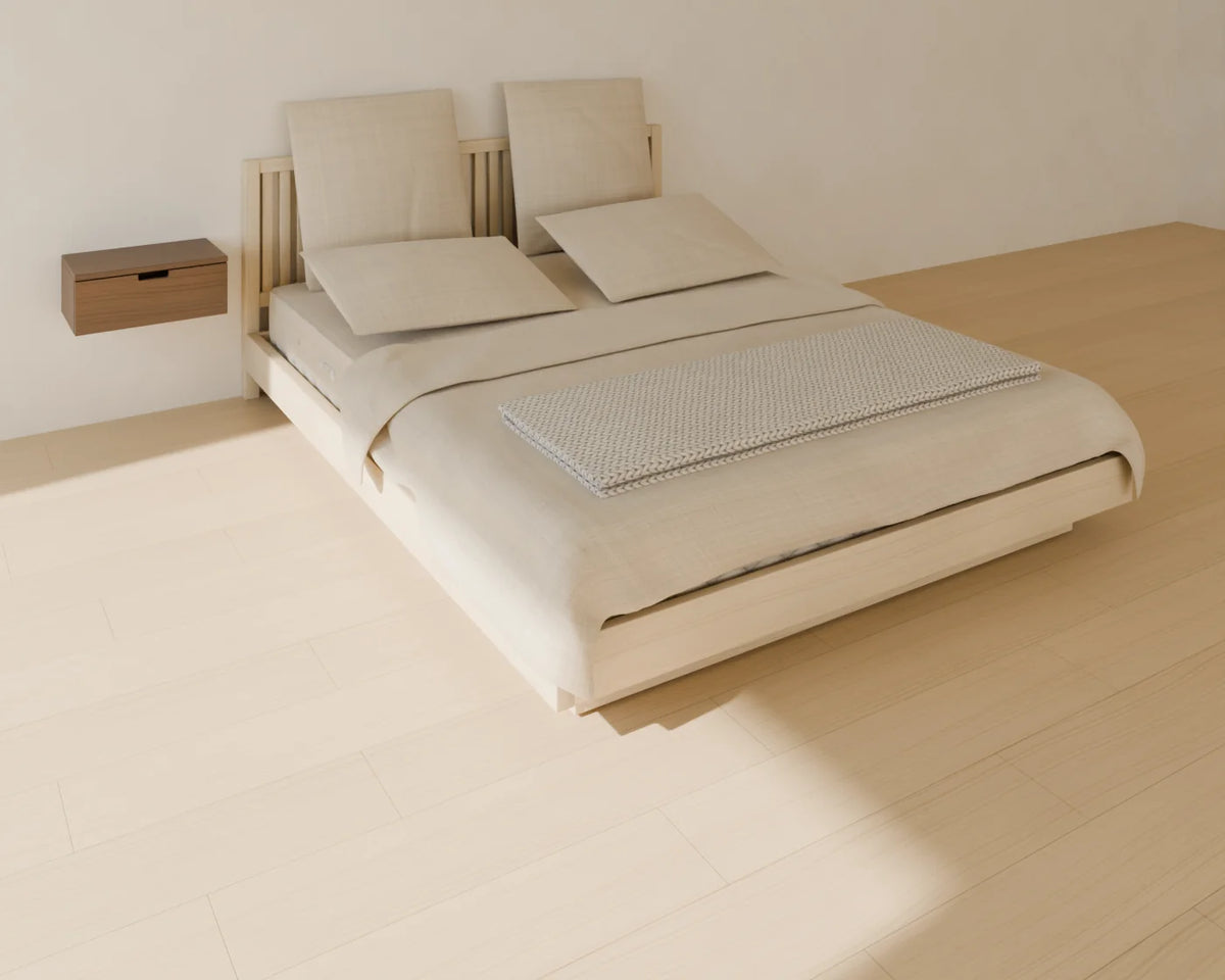 Wall-Hung Bedside Shelf styled in a Linden House room with the oak platform bed (sold separately)