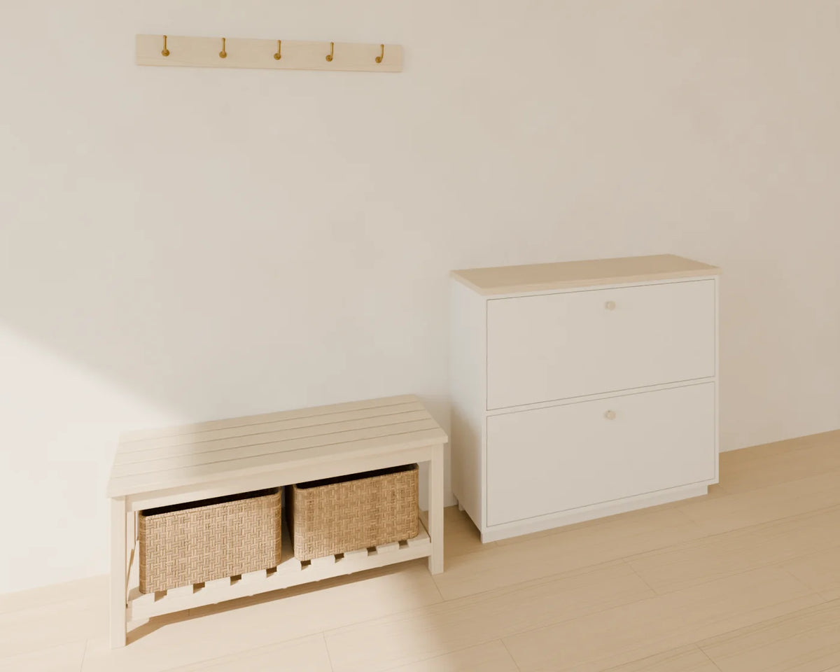 Wall Coat Hooks styled in a Linden House room with the hallway storage bench and hallway shoe cabinet (sold separately)