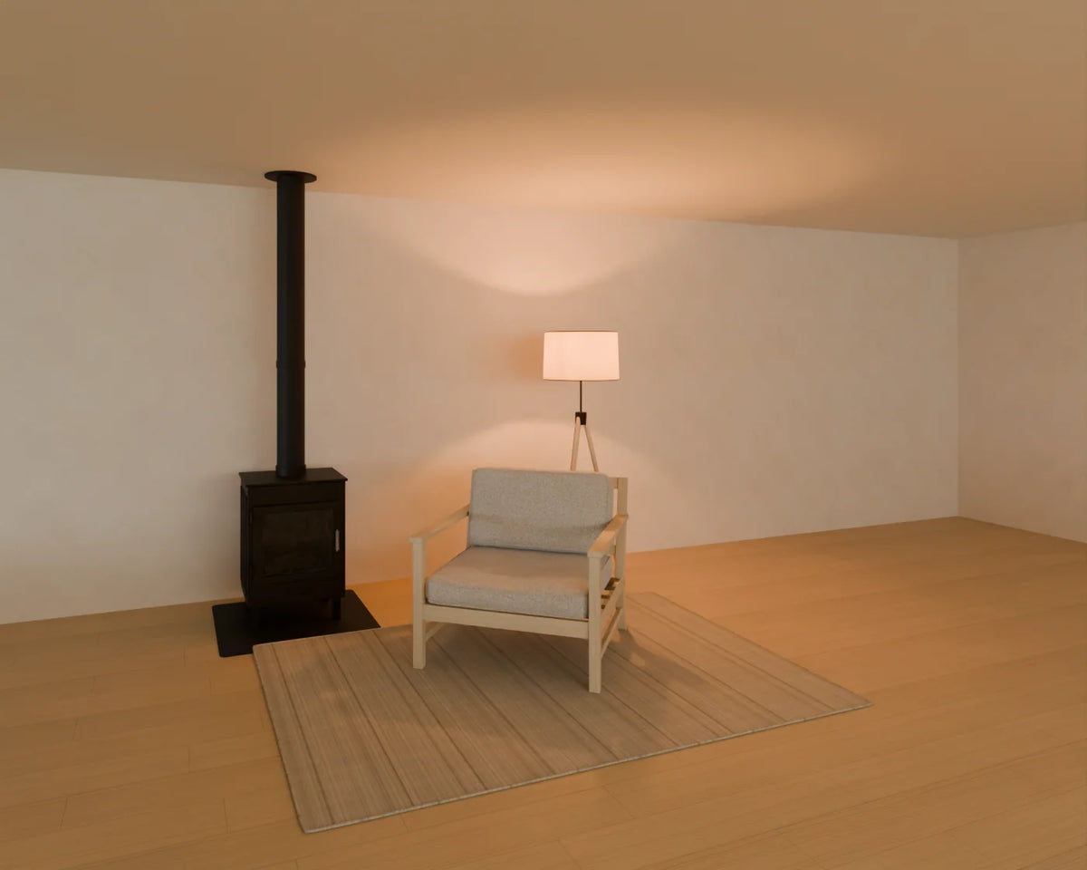 Wood-Burning Stove styled in a Linden House room with the lounge armchair, flatweave wool rug and tripod floor lamp (sold separately)