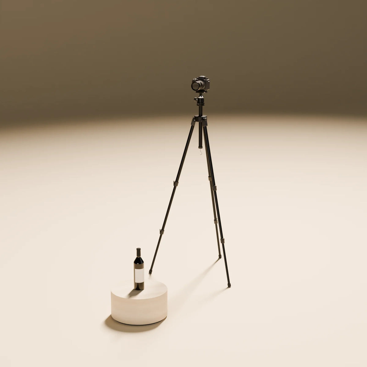 Camera on Tripod styled in a Still Studio set with the drum podium and wine bottle (sold separately)