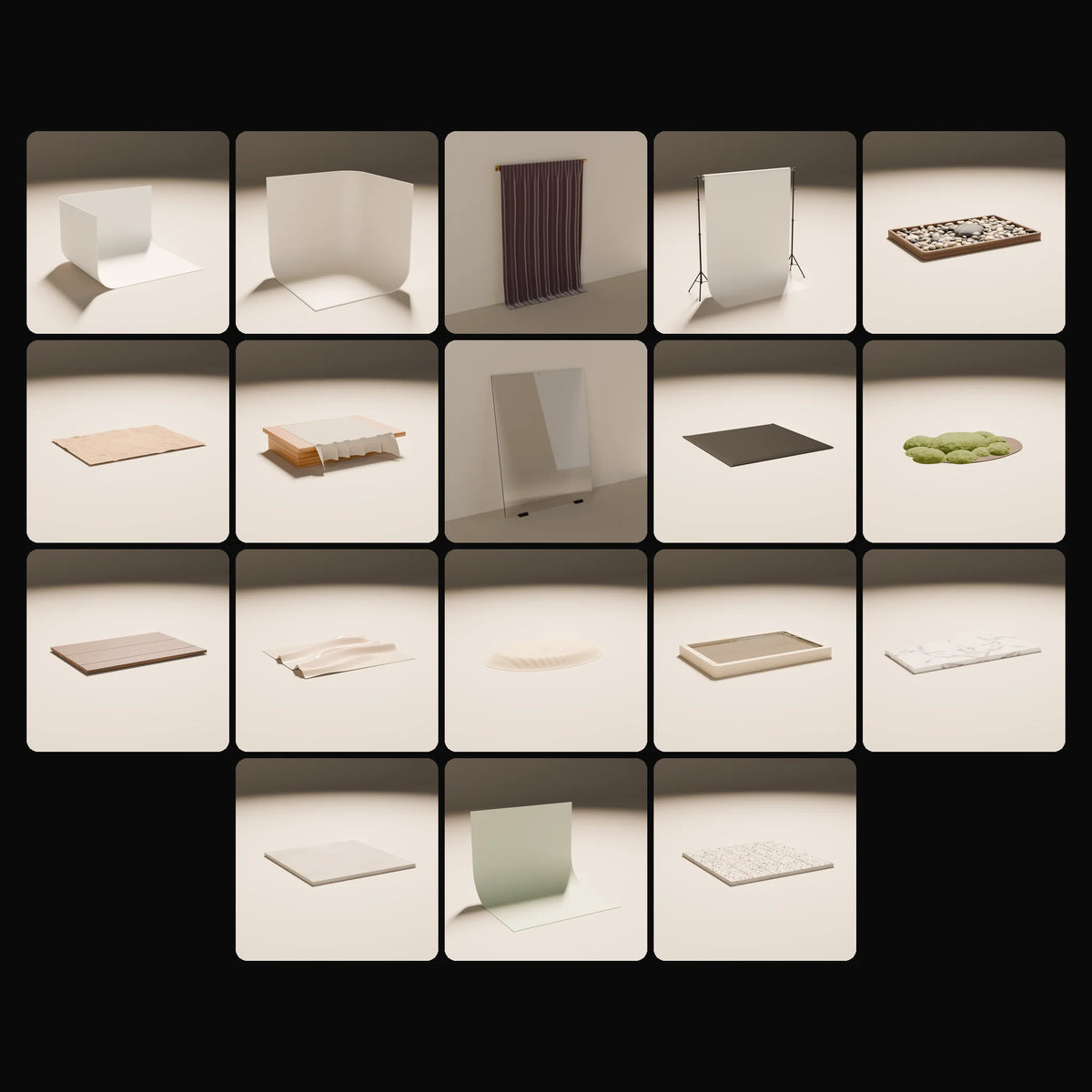 Backdrops & Surfaces Kit: studio renders of the 18 included assets
