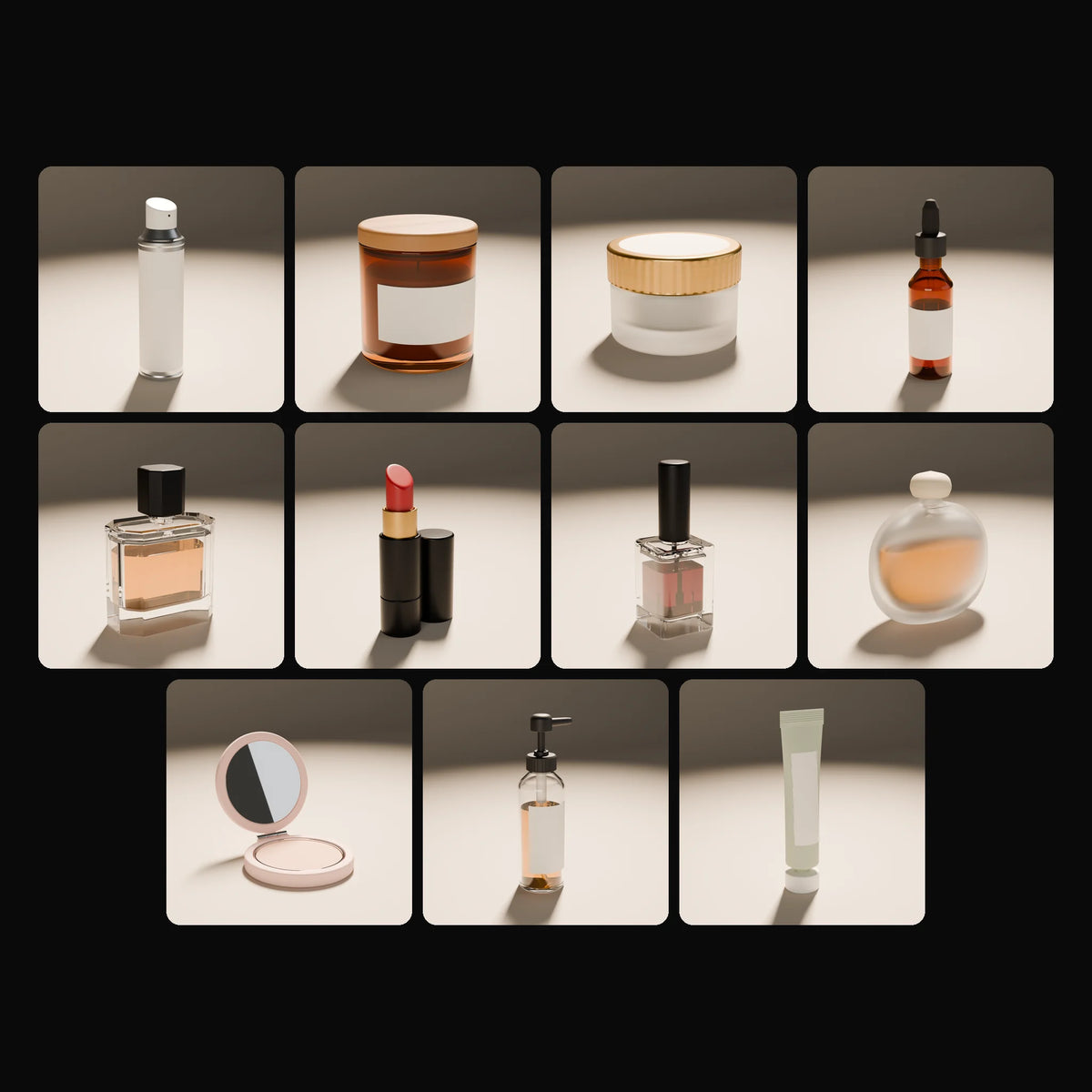 Beauty & Fragrance Stand-ins Kit: studio renders of the 11 included assets