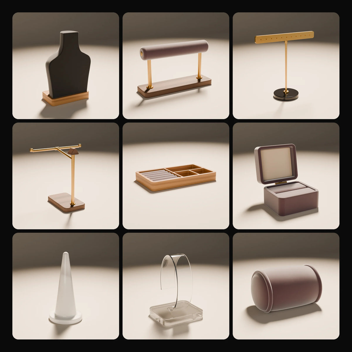Jewelry & Accessory Display Kit: studio renders of the 9 included assets