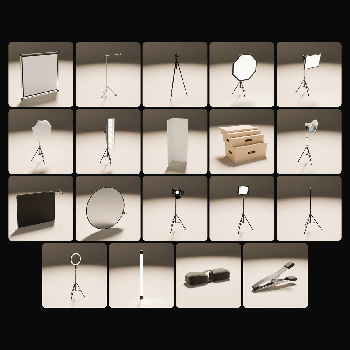 Studio Lighting & Grip Kit: studio renders of the 19 included assets