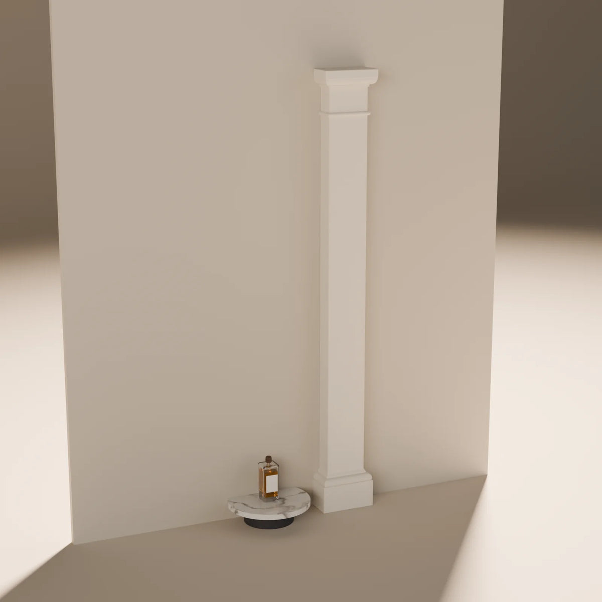 Square Pilaster styled in a Still Studio set with the floating disc podium and spirits bottle (sold separately)