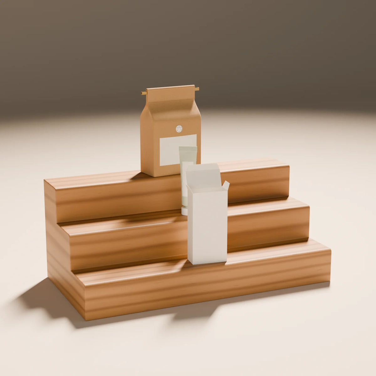 Stair Riser styled in a Still Studio set with the coffee bag, squeeze tube and folding carton (sold separately)