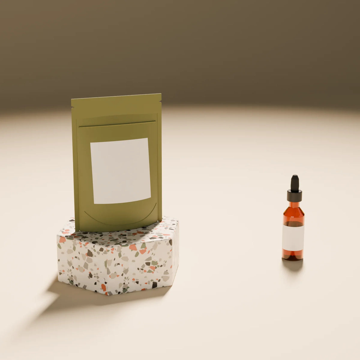 Stand-Up Pouch styled in a Still Studio set with the hex podium and dropper bottle (sold separately)