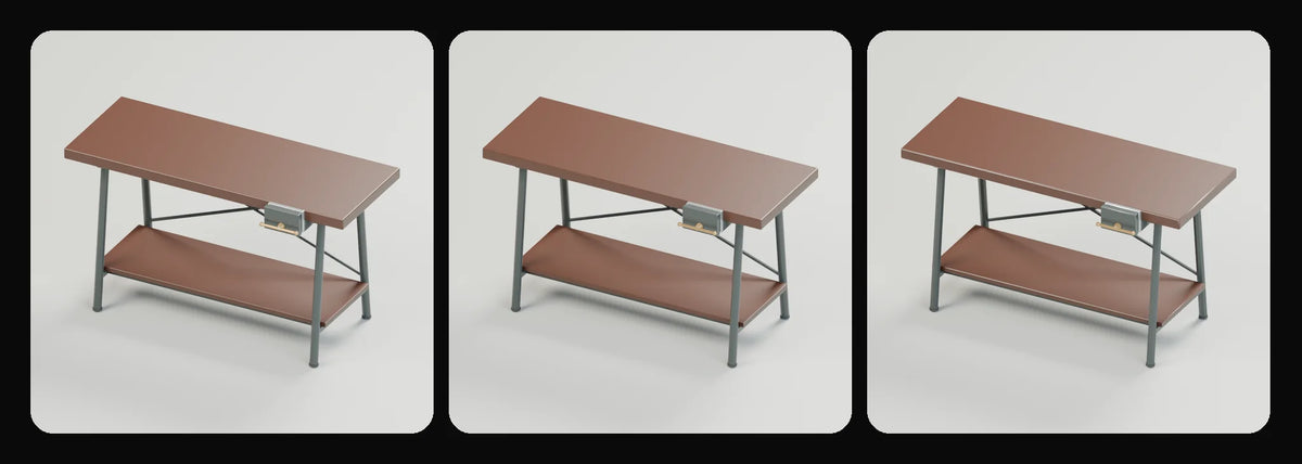 Forge assembly bench in its three geometry profiles: Studio, Realtime and Low-poly, left to right