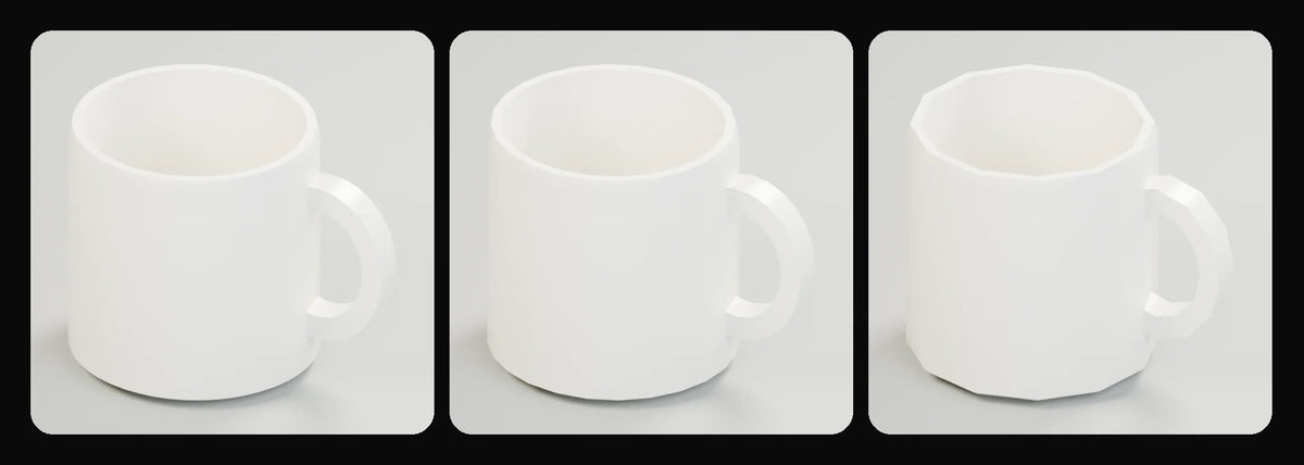 Sip ceramic mug in its three geometry profiles: Studio, Realtime and Low-poly, left to right